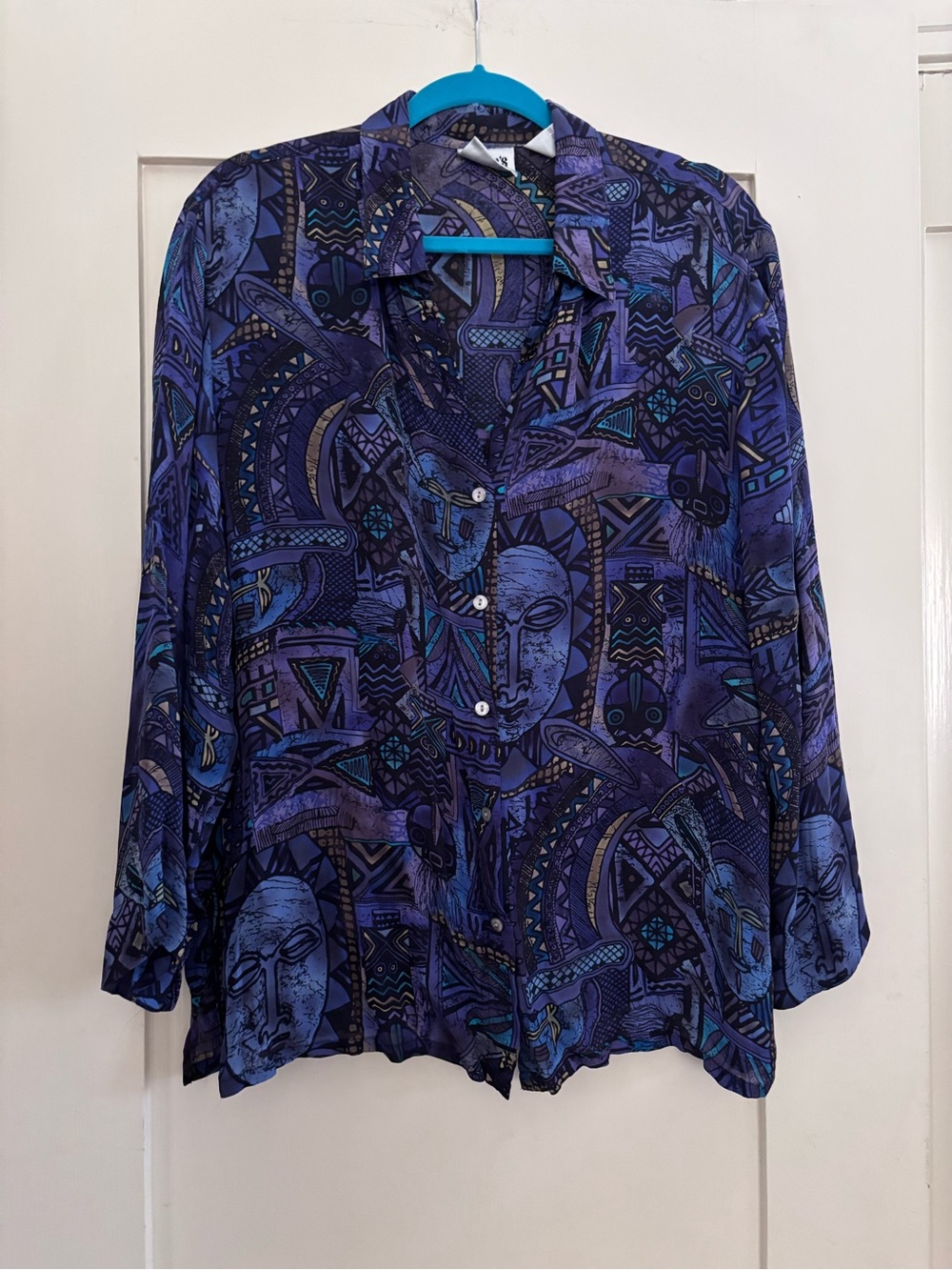 Chico's 100% Silk Blue and Purple Abstract Printed Button-Down Shirt